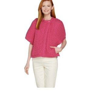 Aran Crafts Ireland Women's Merino Wool Cable Knit Cardigan Cape Short Sleeve XS